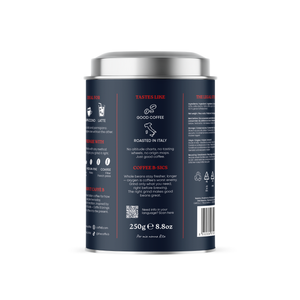 Coffee canister with a blue label on a white background