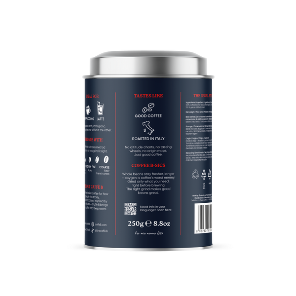 Coffee canister with a blue label on a white background