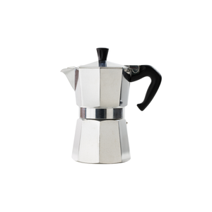 Stainless steel espresso maker with black handle on a white background