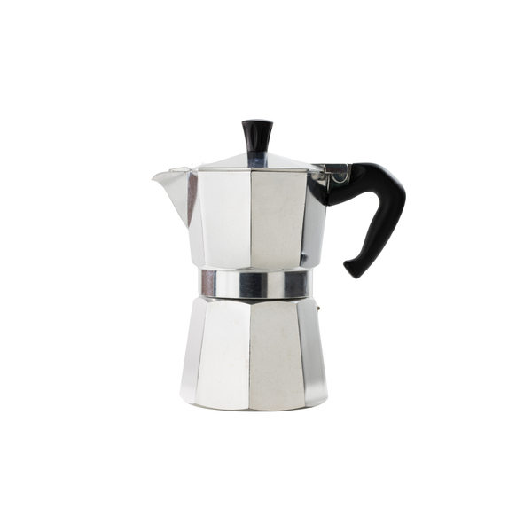 Stainless steel espresso maker with black handle on a white background
