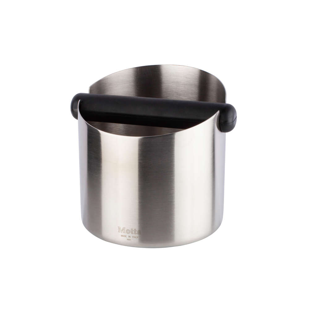 Stainless steel pot with black handle on a white background