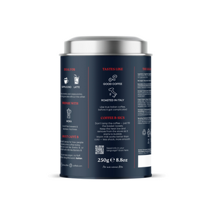Coffee canister with a dark blue label on a white background