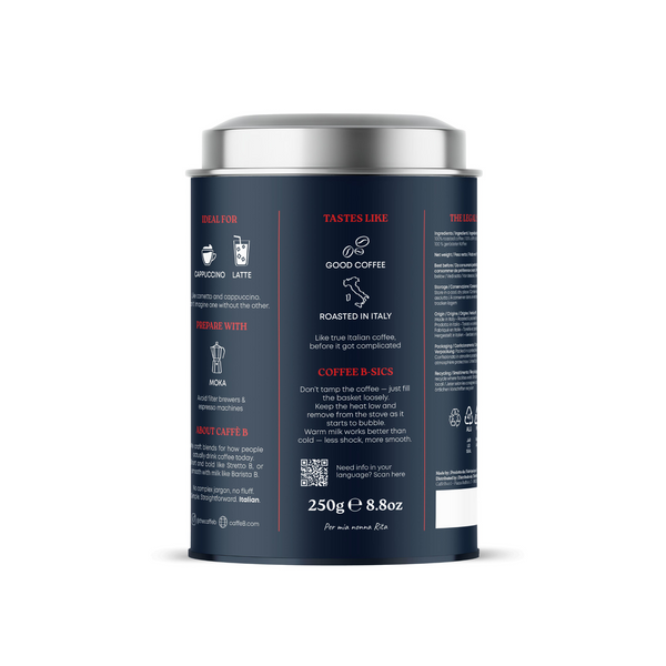 Coffee canister with a dark blue label on a white background