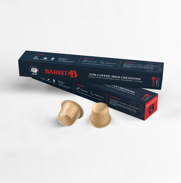 Barista B coffee capsules with packaging on a white background