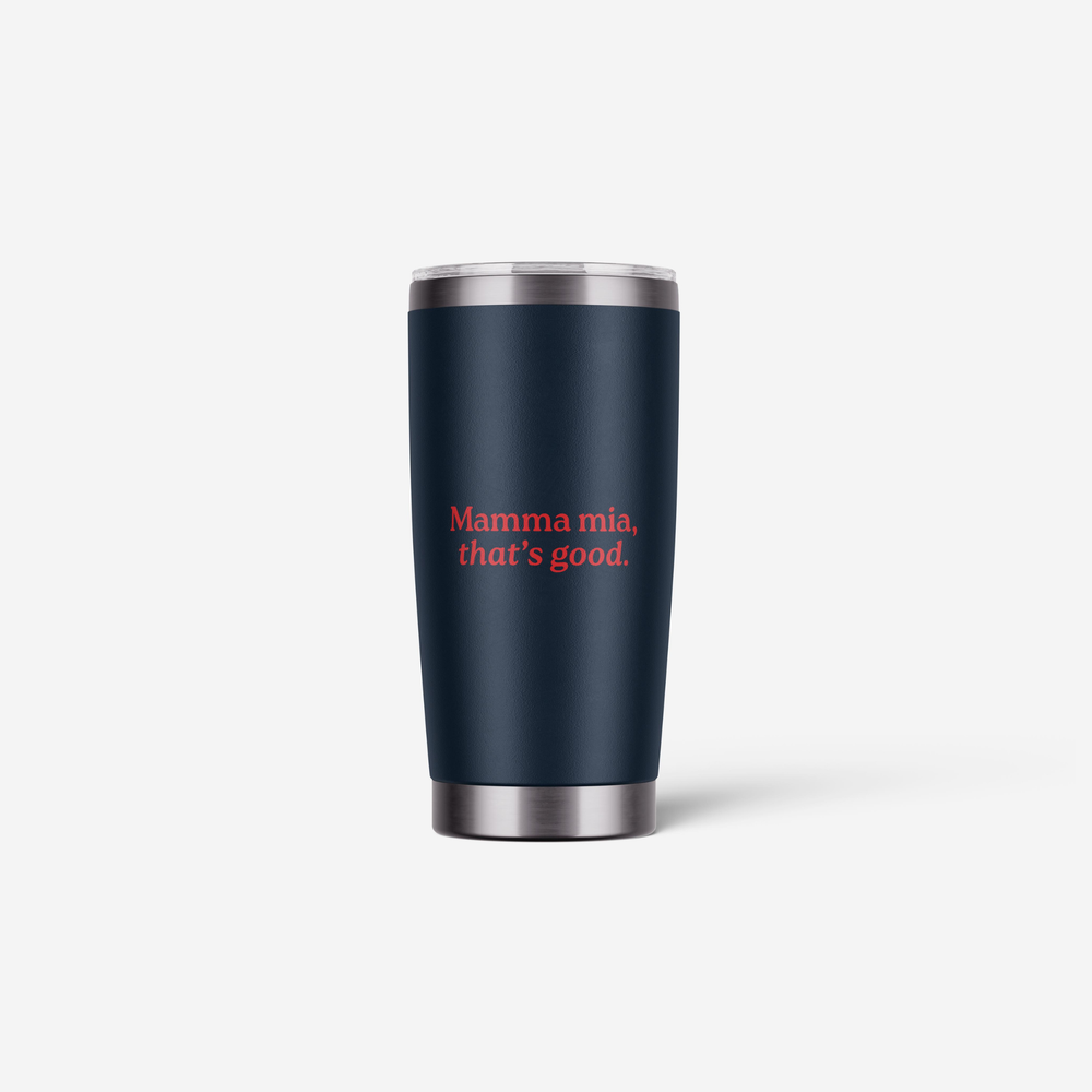 Navy blue tumbler with a red logo on a white background