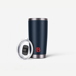 Navy blue tumbler with a red logo on a white background