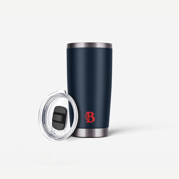Navy blue tumbler with a red logo on a white background