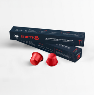 Red coffee pods with Stretto B branded packaging on a white background