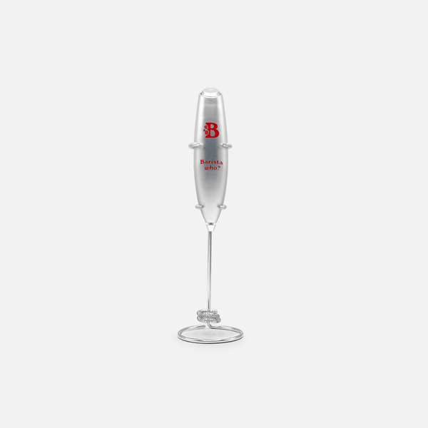 Silver champagne flute with red logo on a white background