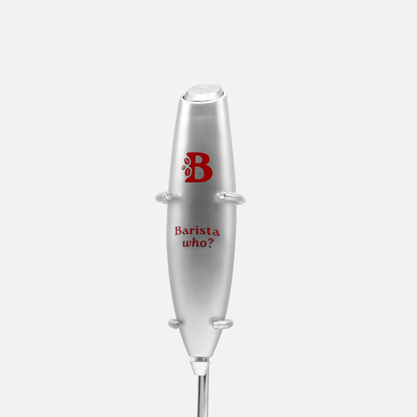 Silver hand mixer with 'Barista who?' text on a white background