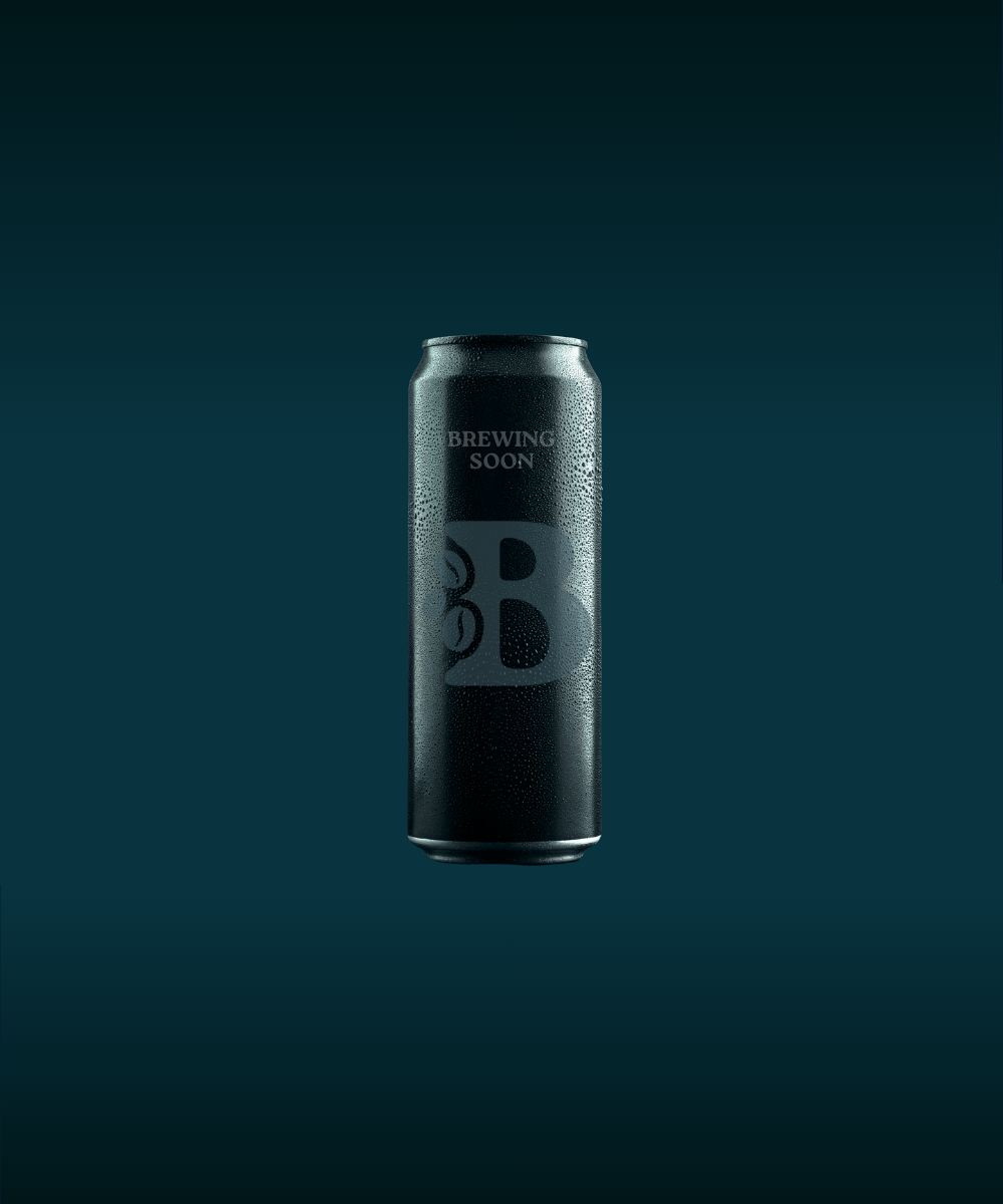 Black beer can with 'Brewing Soon' text on a dark blue background
