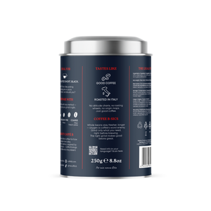 Coffee canister with a blue label on a white background